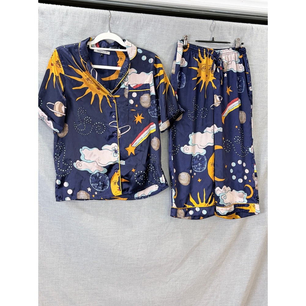 Their Nibs Celestial Satin Capri Pants Pajama Set Navy Blue Sun Moon Stars S